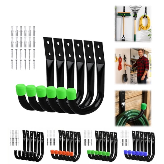 Heavy Duty Garage Hooks 6 Pack, Wall Mount J Utility Hooks for Tools and Ladders, Black Metal Storage Hangers with Screws, Indoor Outdoor Organization Rack System
