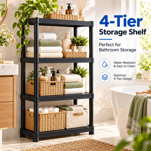 4-Tier Plastic Storage Shelves | Black, Freestanding, Sturdy Construction, Suitable for Basement and Workshop, Organizes Tools, Equipment, Supplies, Utility Shelves