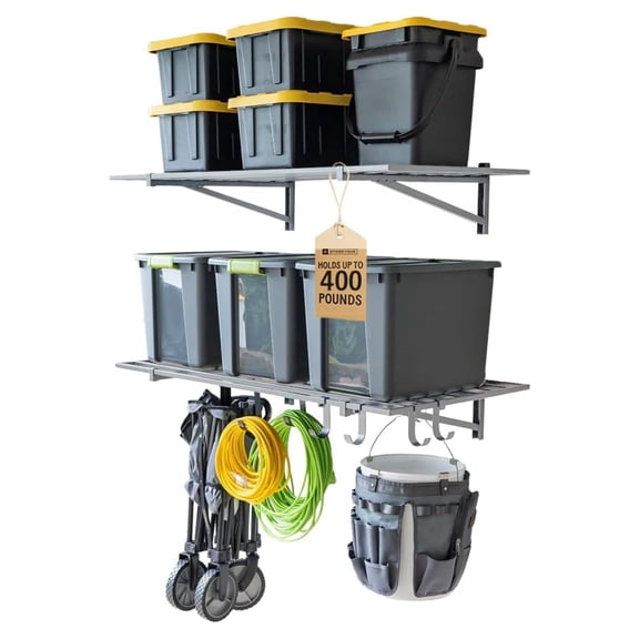 Heavy Duty Garage Shelf Wall Mount 2ft x 4ft Wall-Mounted Shelving for Storage & Organization Heavy Duty Garage Shelves for Tools, Bins, & Equipment Holds 400 lbs - Black