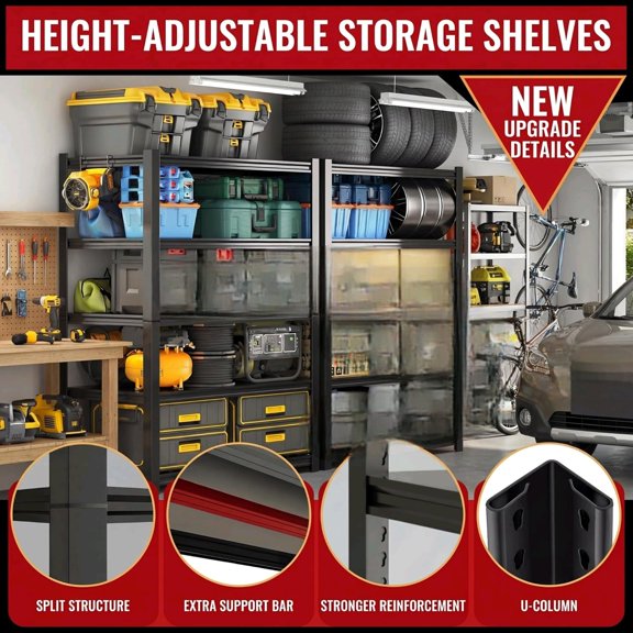 Heavy Duty Garage Shelving, 47.8" W x 19.8" D x 72" H, 3150LBS Capacity 5-Tier Metal Storage Shelves, Boltless Adjustable Garage Storage Rack for Basement, Warehouse, Pantry, Black