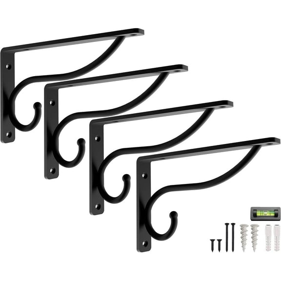 Heavy-Duty Garage Shelving Hooks by Balin Designs (Black) Utility Brackets for 6" - 8" Shelves with Included Hardware, Ideal for Workshop, Garden Tools, and Hanging Plants (Set of 4)
