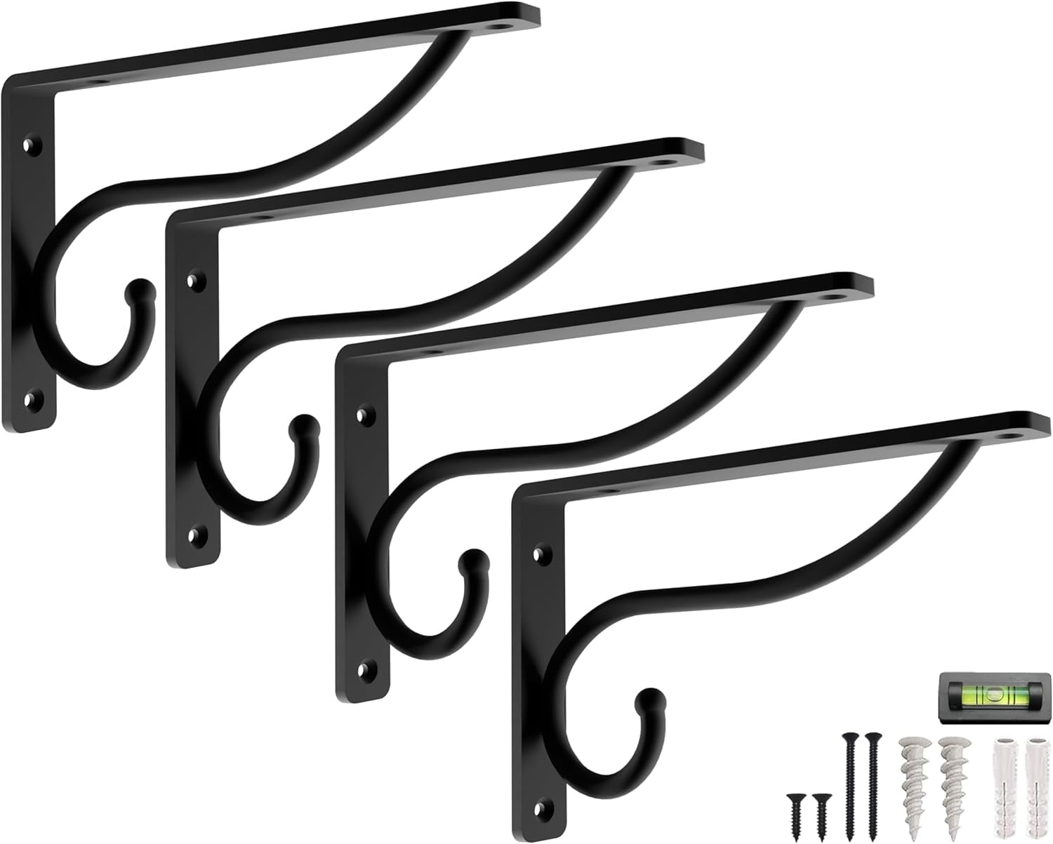 Heavy-Duty Garage Shelving Hooks by Balin Designs (Black) Utility Brackets for 8" - 10" Shelves with Included Hardware, Ideal for Workshop, Garden Tools, and Hanging Plants (Set of 4)