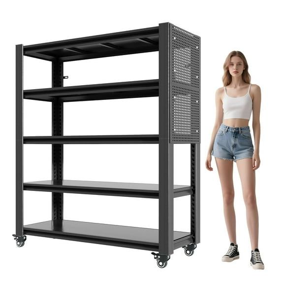 Heavy-Duty Garage Shelving Unit with Pegboard and Wheels, 72" H 5-Tier Adjustable Storage Shelves, 2000 lbs Capacity, Industrial Metal Shelves for Garage, Basement, Warehouse, 47.2"W*23.6"D*72"H