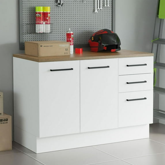 Heavy-Duty Garage Storage Cabinet with 2 and 3 Drawers - 47 Inch White Wooden Organization Unit