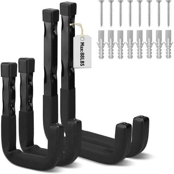 Heavy Duty Garage Storage Hooks: 4-Piece 6" & 3" Wall Mount J Utility Hooks Holds 88 LB, Large Metal Utility Hooks, Garage Storage Ladders for Bikes, Garden Tools