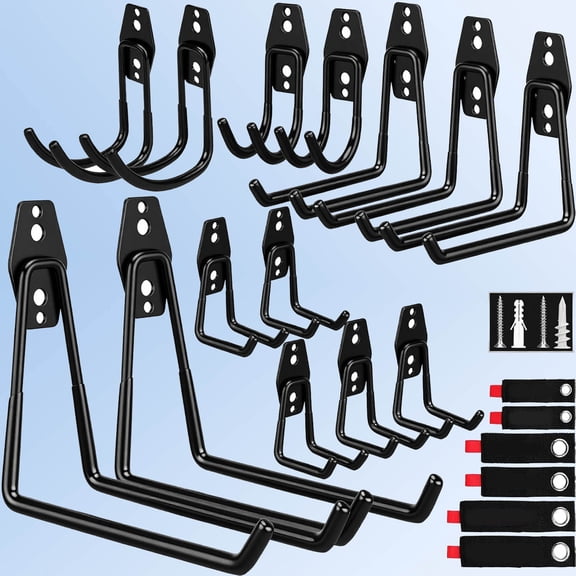 Heavy Duty Garage Storage Hooks with Extension Cord Organizer, Solid Steel Wall Mount Hook Set with Anti-Slip Coating Utility J Hooks for Ladders, Bikes, Ropes, Broom, Garden, Yard and Power Tools
