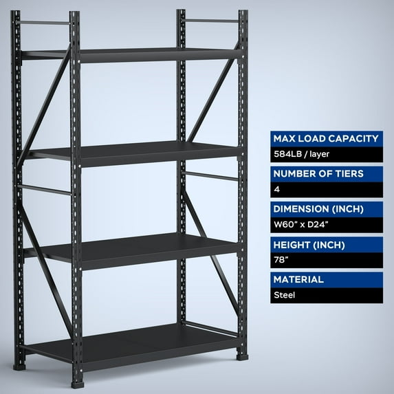 Heavy-Duty Metal Storage Rack, 78"H × 60"W × 24"D, 4-Shelf Steel Shelving Unit, 584 lbs Per Shelf, Adjustable Garage Organizer, Pegboard-Compatible, Black