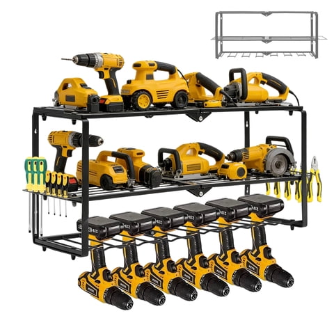 Ukmk Large Power Tool Organizer Wall-Mounted,3-Tier Heavy-Duty Metal Tool Storage Rack Loads 300lbs with 7 Drill Slots ,Black.