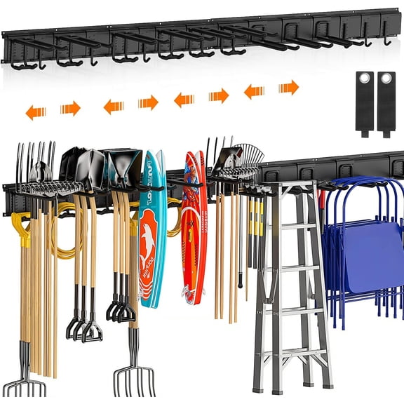 Heavy Duty Garage Wall Organizer 64 Inch - 18Pack Carries 570 lbs, Garage Tool Organizer Storage System, 4 Rails with 12 Adjustable Hooks, Garden Tool Organizer for Warehouse, Workshop