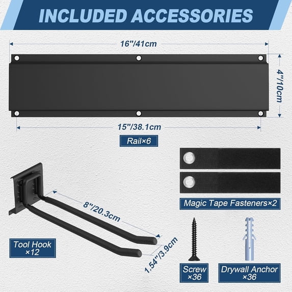 Heavy Duty Garage Wall Organizer 96 Inch - 20Pack Carries 720 lbs, Garage Tool Storage System, 6 Rails with 12 Adjustable Metal Hooks, Garden Yard Shed Rack for Rake Broom Mop Snowboard