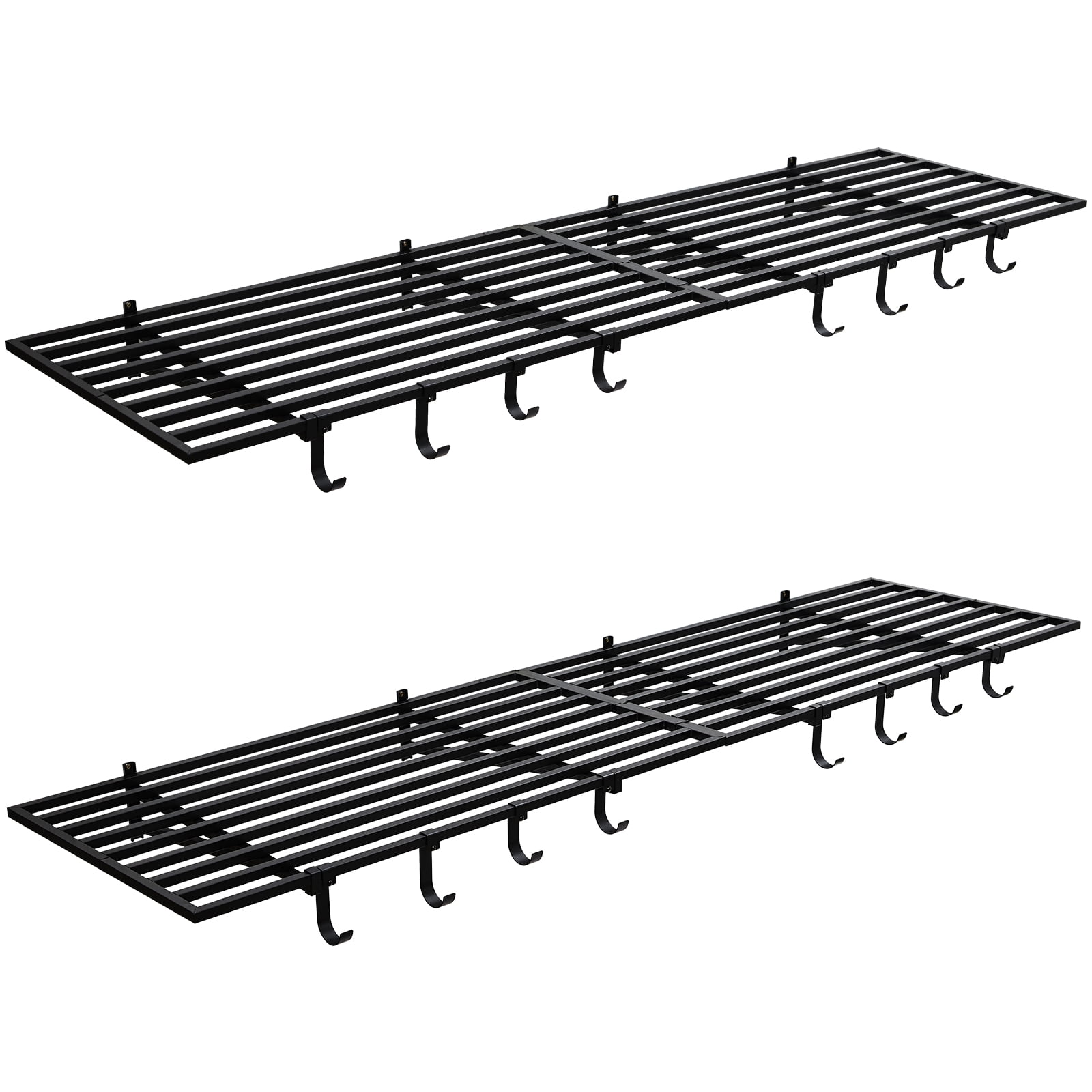 Heavy Duty Garage Wall Shelf, 2 Pack 2x4 ft Metal Floating Shelves with 8 Hooks – 200lbs Each – Wall Mounted Storage Organizer for Garage, Shop, Laundry Room, Office