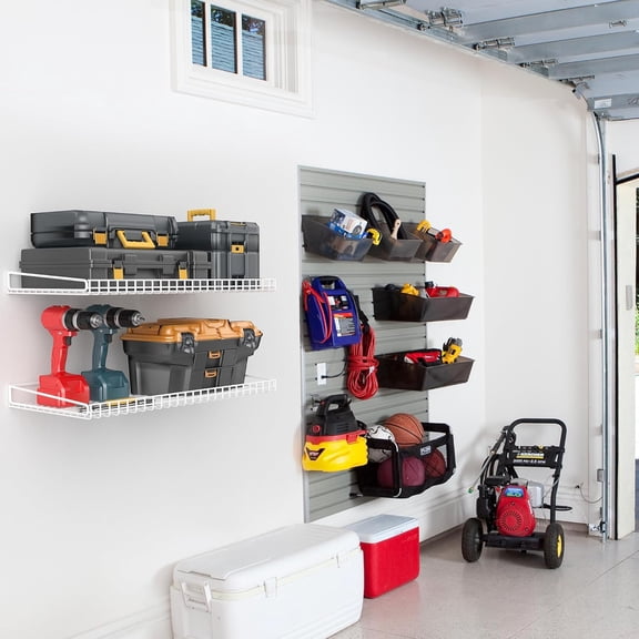 Heavy Duty Garage Wall Shelving 2 Pack 23.6"x11.8" Metal Wire Shelves Wall Mount Mesh Storage Rack for Garage, Office, Basement and Kitchen, max Load 65 lbs (White)