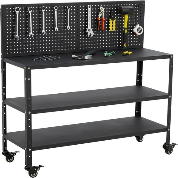 Heavy Duty Garage Workbench with Pegboard,32" Adjustable Garage Workbench with Tool Organizer,Industrial Metal Work Table with Shelves,Tool Holders and Leveling Feet for Uneven Floors 32" Workbench wi