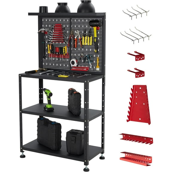 Heavy Duty Garage Workbench with Pegboard,32" Adjustable Garage Workbench with Tool Organizer,Industrial Metal Work Table with Shelves,Tool Holders and Leveling Feet for Uneven Floors