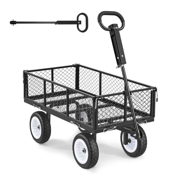 Heavy Duty Garden Cart 900 lbs Load Capacity Steel Utility Wagon 10 Inch Flat Free PU Tires Outdoor Yard Work Wagon with Detachable Side Panels Adjustable Handle for Tractor ATV Attachment Black