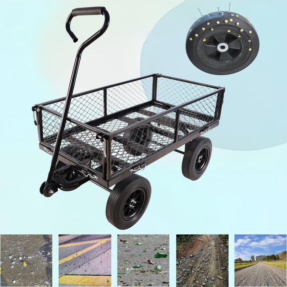 Heavy Duty Garden Cart with Solid Wheels for Hauling Firewood, 37L x 19.48W x 40.15H Inch Metal Wagon Cart for Gardening and Yard Work