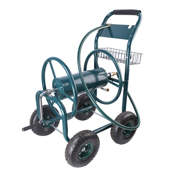 Heavy Duty Garden Carts, Garden Hose Reel Cart - 4 Wheels Portable Garden Hose Reel Cart with Storage Basket Rust Resistant Heavy Duty Water Hose Holder, Green Folding Garden Carts