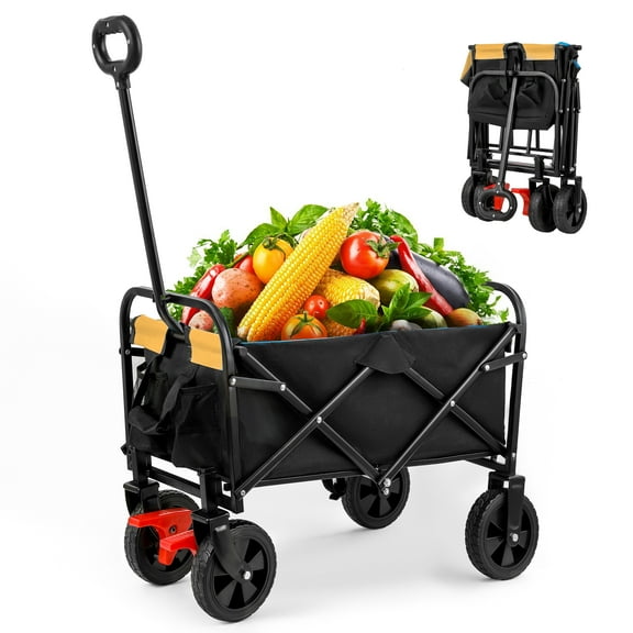 Heavy Duty Garden Carts, Mini Folding Wagon Garden Shopping Beach Cart (brake+orange+black), Black+Orange Folding Garden Carts,Metal Garden Utility Carts
