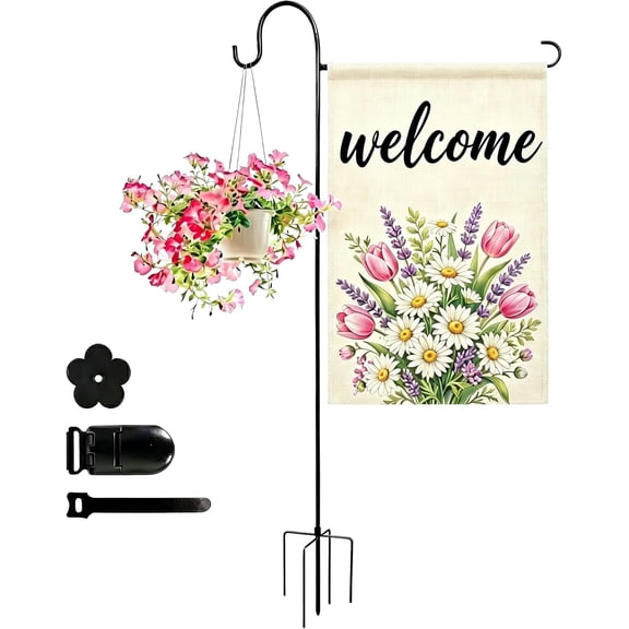 Heavy-Duty Garden Flag Stand with Shepherd's Hook Holder Sturdy Metal Frame for 12x18 Inch Flags & String Lights, Weather-Resistant Outdoor Lawn, Patio, Yard Decorations