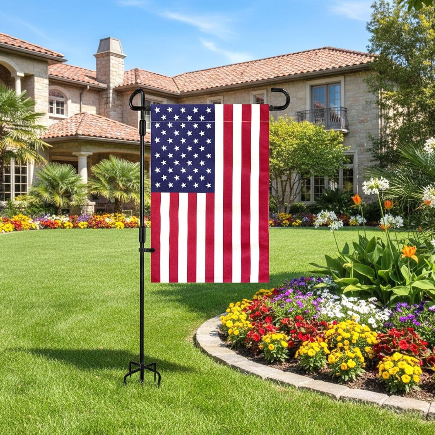 Heavy Duty Garden Flag Stand with Fabric Flag, Metal Yard Pole and Flag Set