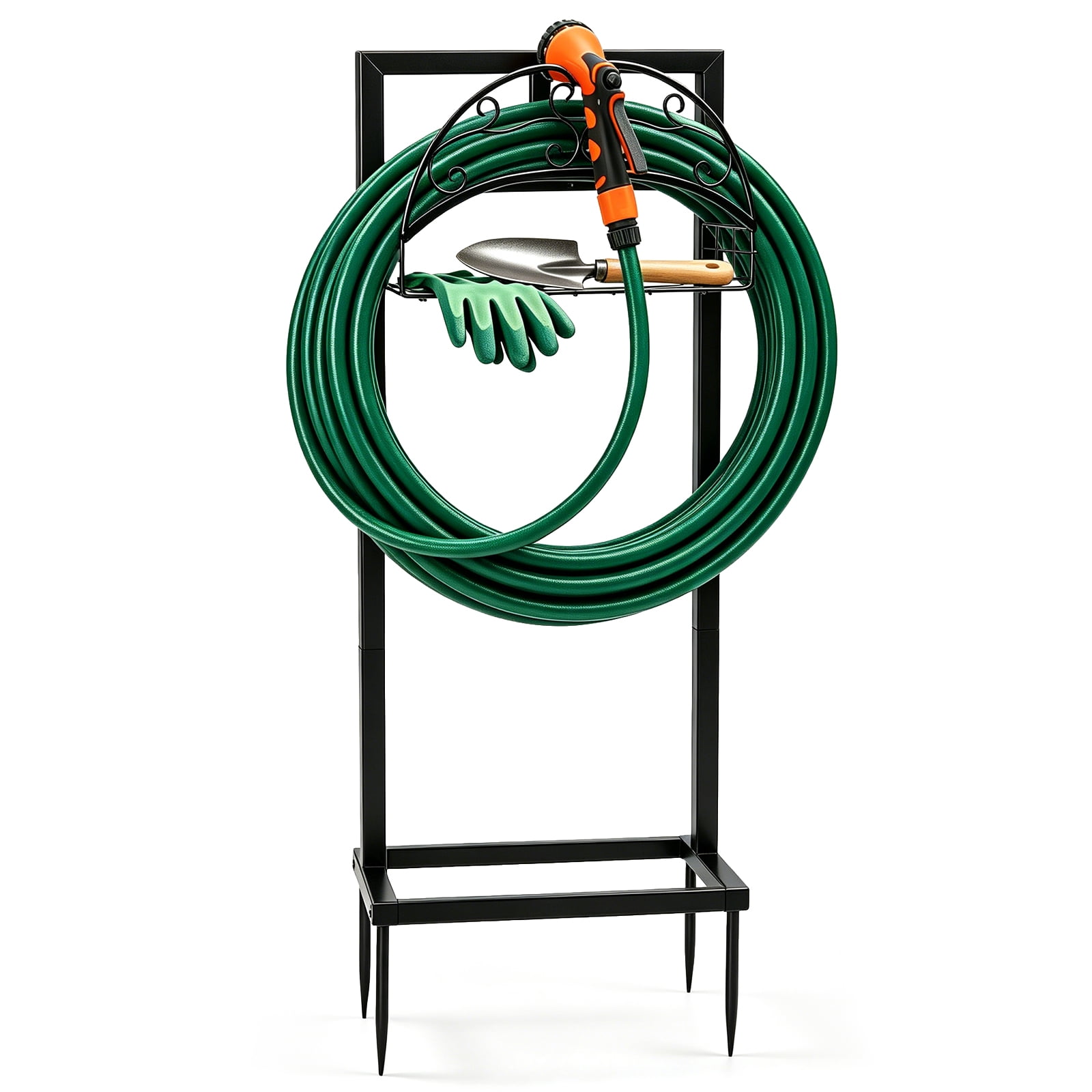 Heavy-Duty Garden Hose Holder with Nozzle Groove and 4 Spikes