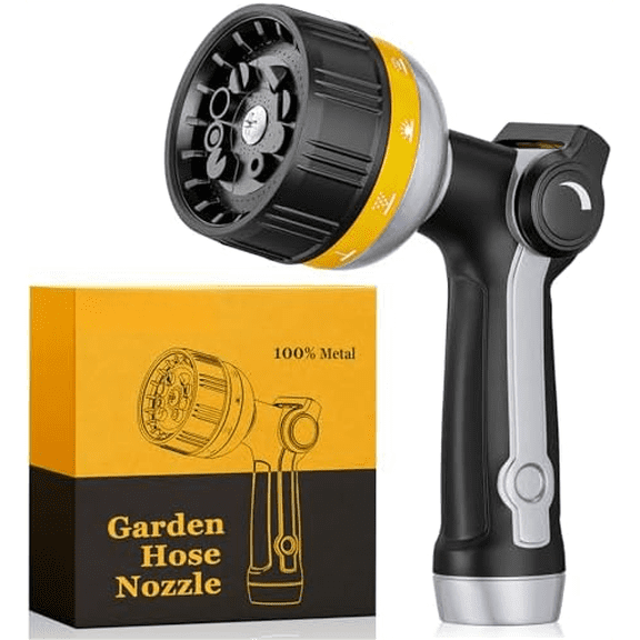 Heavy Duty Garden Hose Nozzle, Metal Water Hose Sprayer with 10 Spray Patterns, Thumb Control, On Off Valve, High Pressure Water Nozzle for Plants Watering, Car and Pet Washing, Yellow