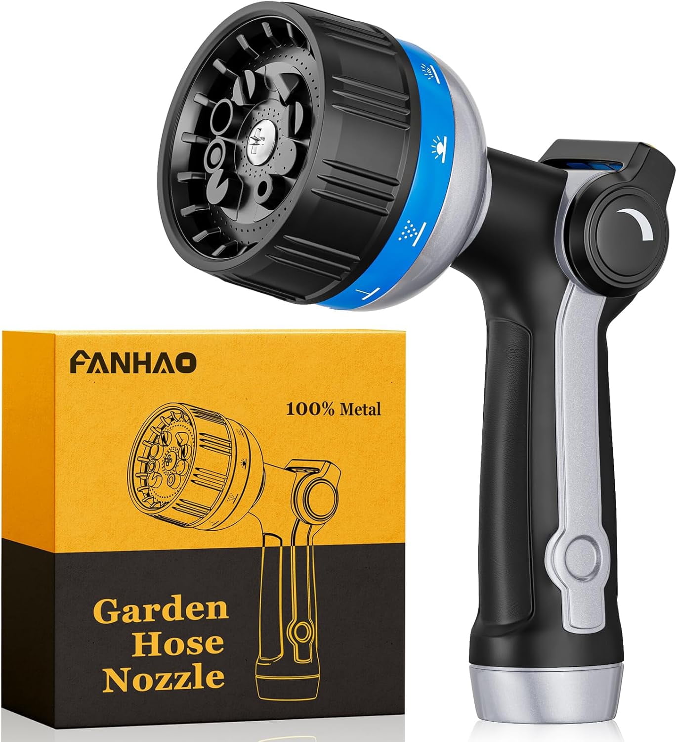 Heavy Duty Garden Hose Nozzle, Metal Water Hose Sprayer with 10 Spray Patterns, Thumb Control, On Off Valve, High Pressure Water Nozzle for Plants Watering, Car and Pet Washing, Blue