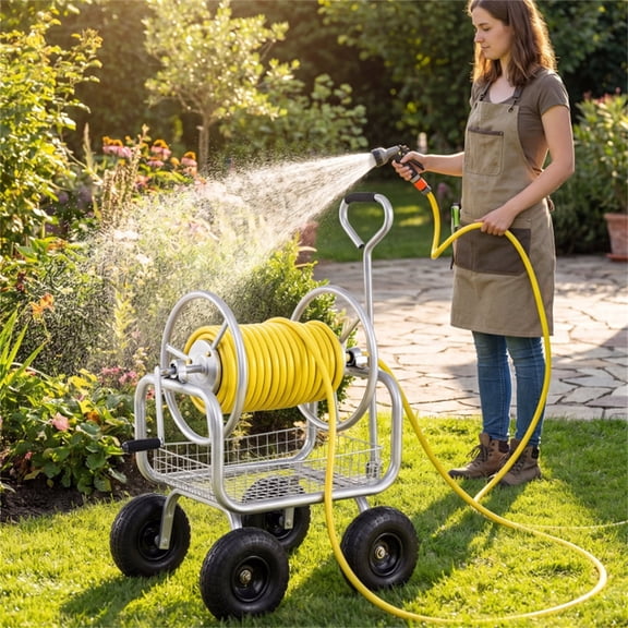 Heavy Duty Garden Hose Reel Cart with 10 Inch Pneumatic Wheels 300 FT Large Capacity Hose Winder with Storage Basket and Brass Fittings Mobile Outdoor Water Hose Holder Silver