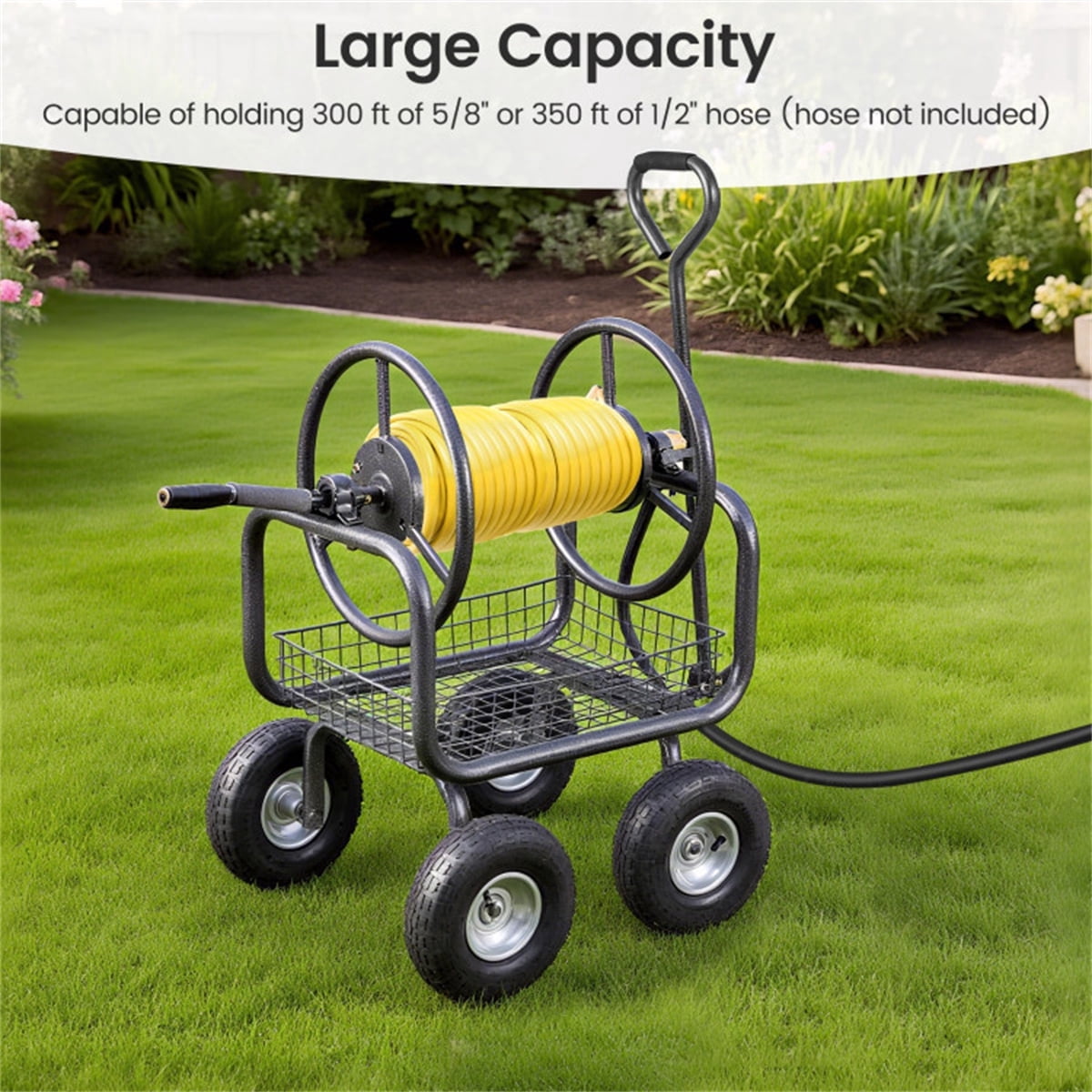 Heavy Duty Garden Hose Reel Cart 10" Pneumatic Wheels Large Capacity Hose Winder with Storage Basket & Brass Fittings Mobile Outdoor Water Hose Holder for Garden Lawn Gray