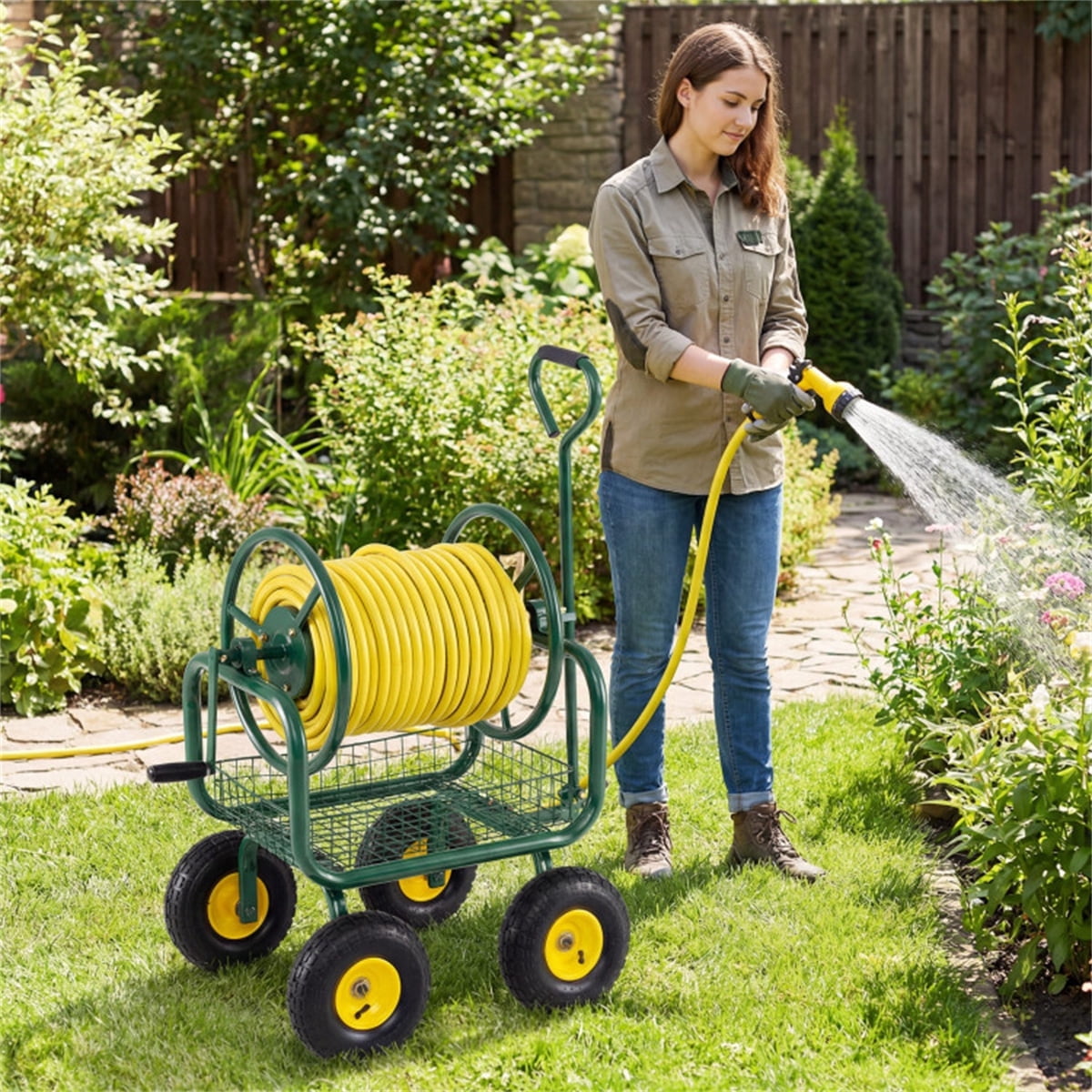 Heavy Duty Garden Hose Reel Cart with 10" Pneumatic Wheels Large Capacity Hose Winder with Storage Basket and Brass Fittings Mobile Outdoor Water Hose Holder Green