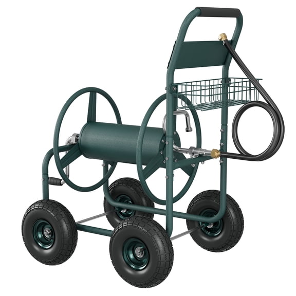 Heavy Duty Garden Hose Reel Cart 4 Wheels Holds Up to 300ft 5/8" Hose Powder-Coated Steel 300FT Green