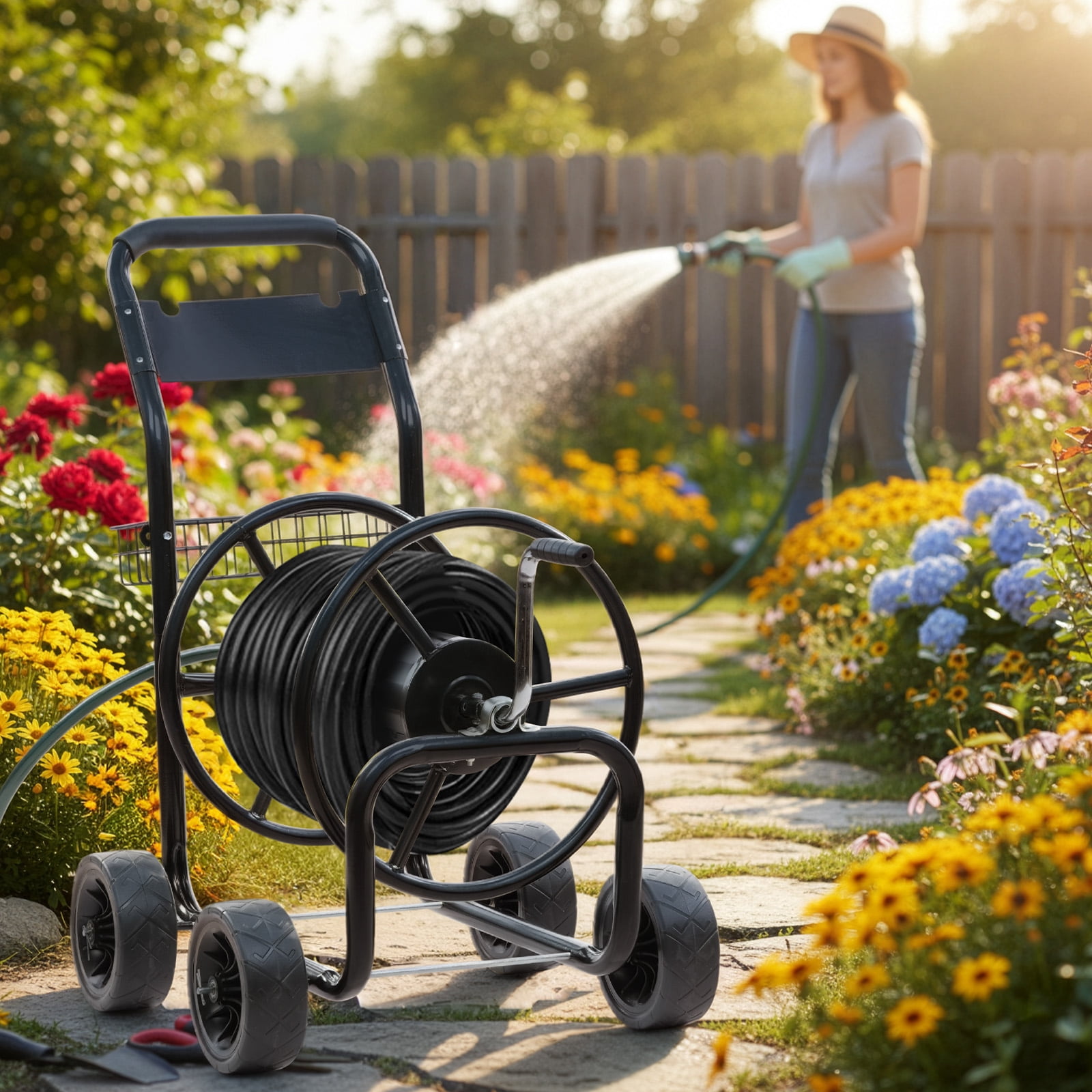 Heavy Duty Garden Hose Reel Cart with 4 Wheels & Storage Basket, Powder-Coated Steel Frame, Brass Fittings, Foam-Padded Handle, Mobile Water Hose Caddy for Yard Lawn Commercial Use