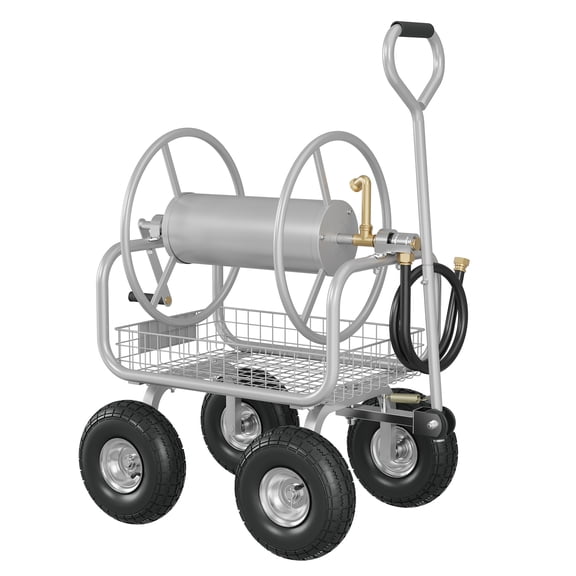 Heavy Duty Garden Hose Reel Cart with Wheels, Holds Up to 300 ft of 5/8" Hose, Mobile Water Hose Reel with Storage Basket & Leak-Free Brass Fittings, Outdoor Hose Storage for Yard, Lawn, Farm