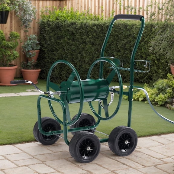 Heavy Duty Garden Hose Reel Cart with 4 Wheels, Supports Up to 250 Feet Hose, Convenient Storage Basket for Yard Tools
