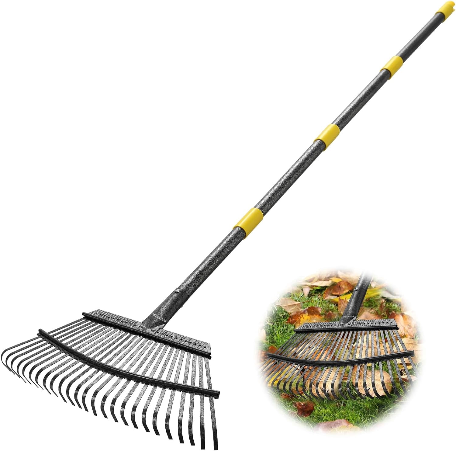 YeYeBest 25 Tines Heavy Duty Garden Leaf Rake for Lawns, 65" Long 18" Wide Adjustable  Sturdy Metal Yard Rake with Non-Slip Comfort Handle