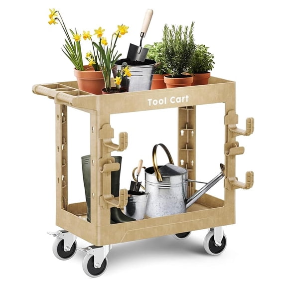 Heavy Duty Garden Tool Carts,600LBS Capacity 2 Tier Yard Tool with Side Garage Tool Cart with 360Swivel Wheels Outdoor Garden Tool for Shed, Yard, Garage,Sand