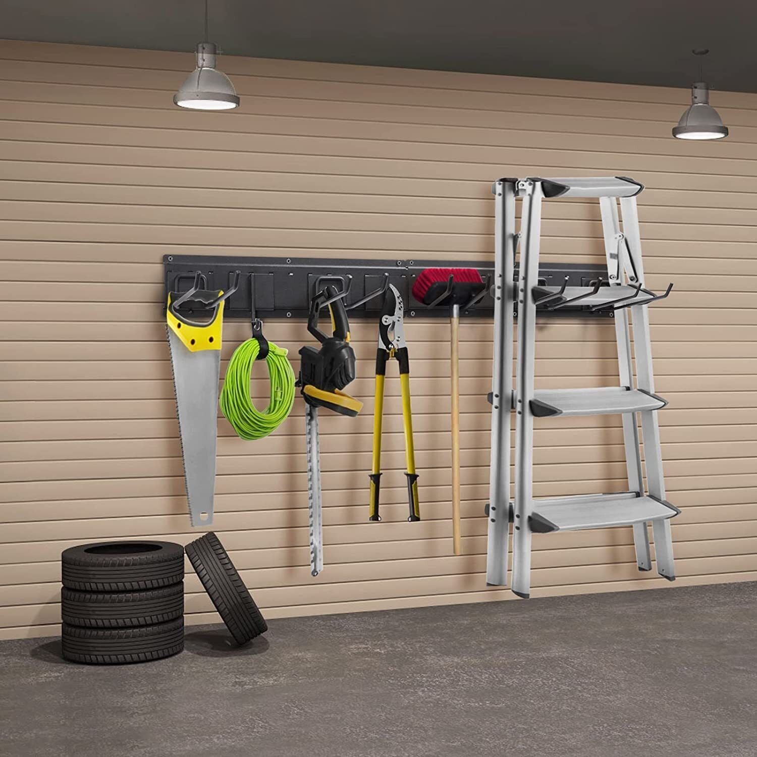 11 Space Tool Rack Hook Wall Mounted Hanger Two Tier Shed Garage Storage  Garden