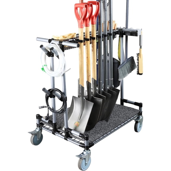 Heavy Duty Garden Tool Organizer Cart Long Handle Tool Storage Rack Mobile Yard Utility Trolley With Large 5 Inch Wheels Dirt Isolation Mat For Lawn Backyard Garage Shed Gray