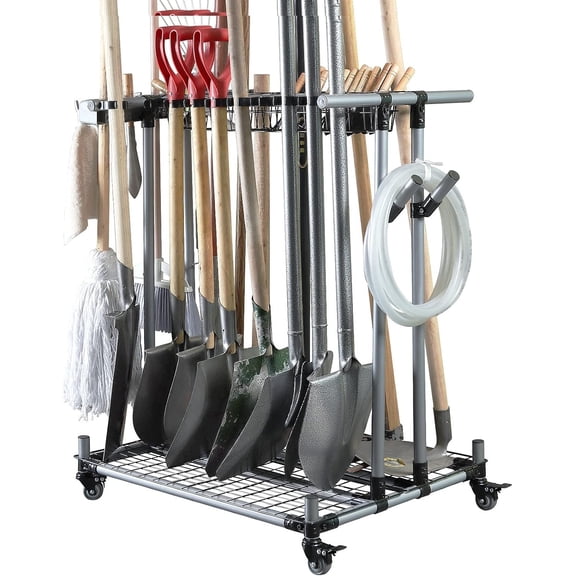 Heavy Duty Garden Tool Organizer, Garage Storage Holder Rack For Long Handled Farming Tools, Metal Shovel And Rake Storage Cart With Rolling Wheels, Space Saving Lawn Tool Display Stand, Black