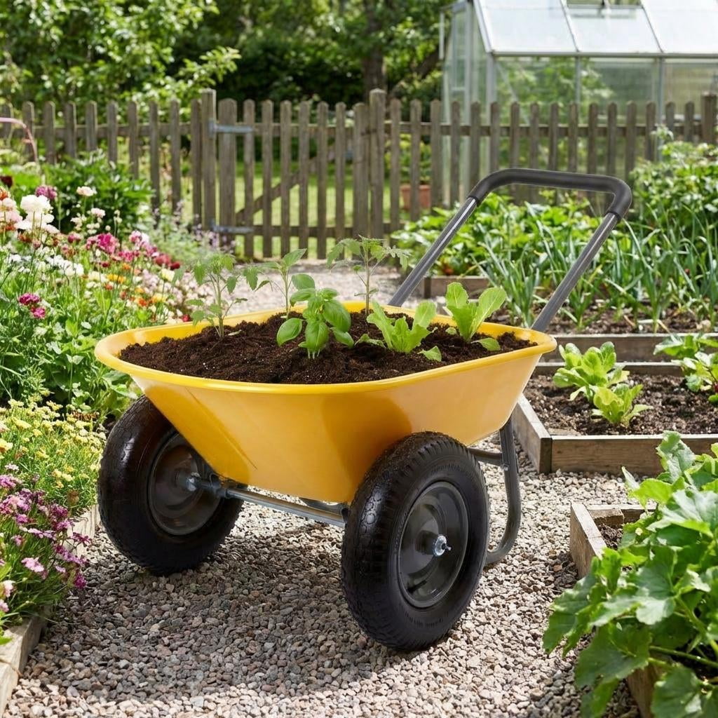 Heavy-Duty Garden Wheelbarrow Cart with Built-in Stand, 4-Wheel Utility ...