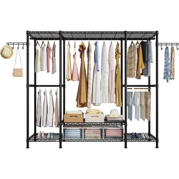 Heavy Duty Garment Rack, 4 Tiers Freestanding Closet Organizer System with 5 Shelves, Metal Closet Organizer and Storage System for Clothes, Max Load 650lbs