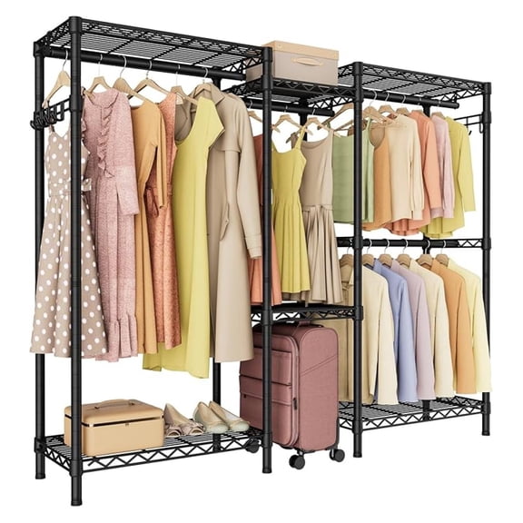 Heavy Duty Garment Rack Clothes Rack,Large Metal Closet Organizer System Storage Wardrobe,Freestanding Clothing Rack with 7 Adjustable Wire Shelves&2 Hang Rods Black 15.75"D x 77.5"W x 77"H