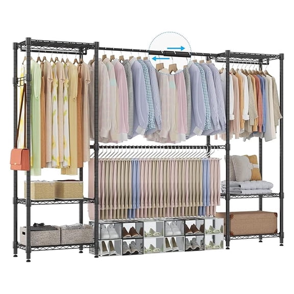 Heavy Duty Garment Rack with Extendable Hanging Rods, Adjustable Metal Clothing Rack for Hanging Clothes, Freestanding Closet Wardrobe Clothes Rack with Wire Storage Shelves, Black