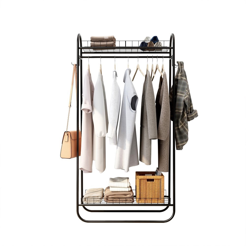 Heavy Duty Garment Rack, Freestanding Metal Clothes Rack with Double Shelves, 200 lbs Capacity, Portable Rolling Clothing Rack, Black
