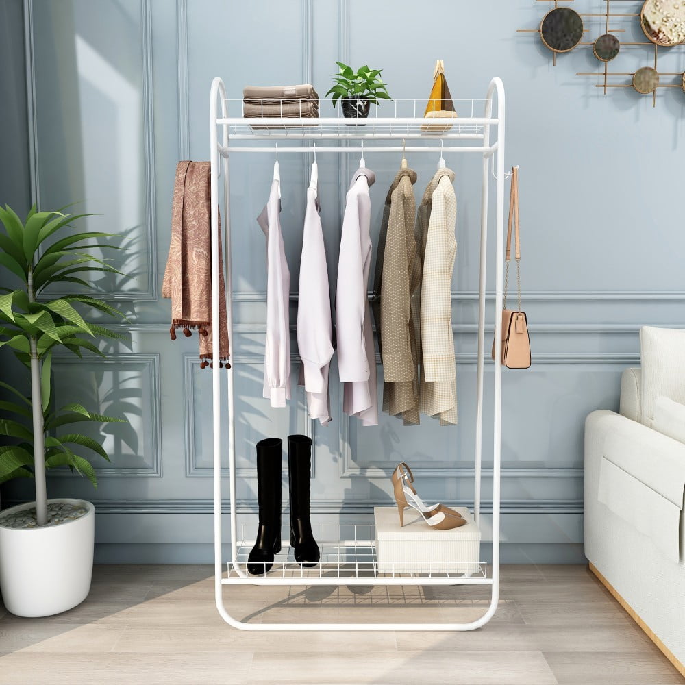 Heavy Duty Garment Rack, Freestanding Metal Clothes Rack with Double Shelves, 200 lbs Capacity, Portable Rolling Clothing Rack, White