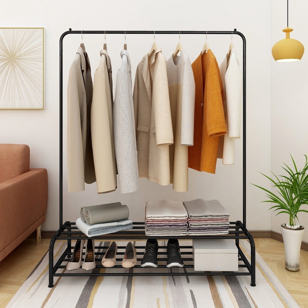 Heavy Duty Garment Rack, Metal Clothes Rack with Bottom Shelf, Freestanding Clothing Rack for Bedroom, Laundry Room, Entryway, Small Spaces, Black
