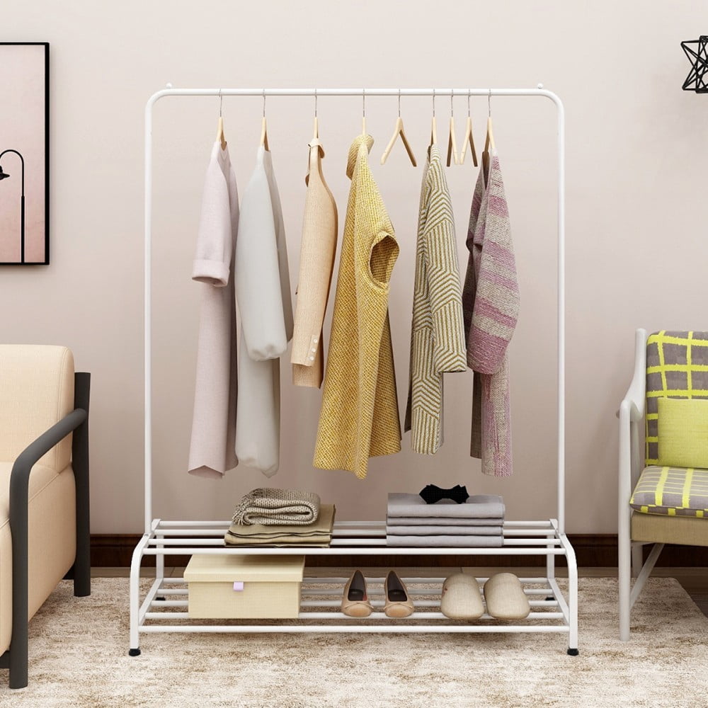 Heavy Duty Garment Rack, Metal Clothes Rack with Bottom Shelf, Freestanding Clothing Rack for Bedroom, Laundry Room, Entryway, Small Spaces, White