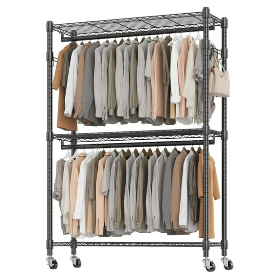 Heavy Duty Garment Rack on Wheels, Rolling Clothes Racks for hanging clothes, Simple Sturdy Wardrobe Rack with Double Hanging Rods, 8 Side Hangers, Black