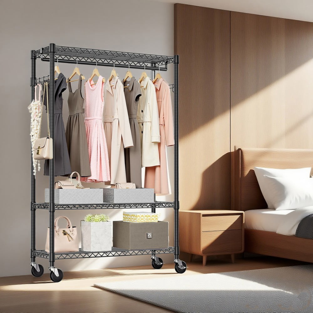 Heavy Duty Garment Rack on Wheels, Rolling Clothes Rack with Adjustable Shelves, 2 Hanging Rods, Side Hooks, Freestanding Closet Organizer, Black