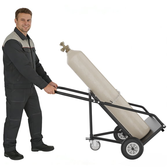 Heavy Duty Gas Cylinder Cart with Auxiliary Wheel - Dual Oxygen Acetylene Dolly & Welding Tank Hand Truck with Secure Chain, Triangular Structure & All-Terrain Tires